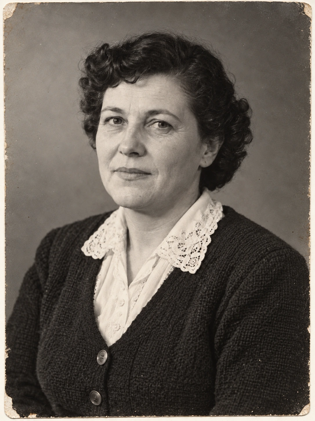 Codex-generated cleanup target for the same fictional portrait, with the main diagonal scratch removed and reduced edge staining. The overall composition and two cardigan buttons remain, while some aged texture is retained.